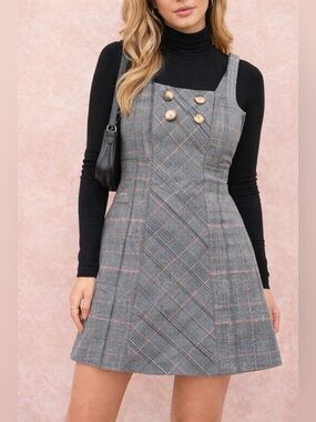 Free People Plaid Mini Dress Size 4 Double Breasted Button Front A-Line